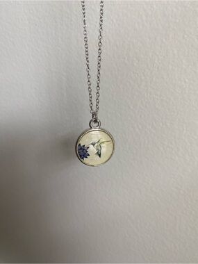 Sweet Silver Hummingbird Pendant Necklace - White and Blue